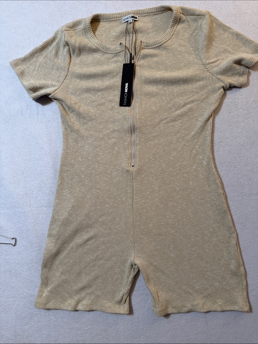 Fashion Nova Metallic Ribbed Zip-Front Short Sleeve Romper in Taupe